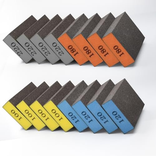 KNJOMZIE 16 esponjas de lijado, 4 bloques de lija de grano 100/120/180/220, reutilizables, para lijar, pulir metal, madera