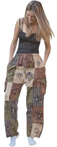 JUNKIRI Pantaloni Unisex in Cotone Patchwork, Pantaloni da Yoga Hippie Boho Festival Multi Colorati (IT, Testo, Taglia Unica, Regular, Regular, Verde Safari)