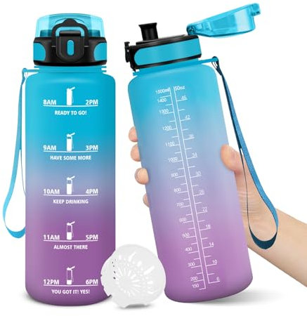 Gourde, 1500ML Sans BPA, Gourde sport, Conception de Verrouillage Anti-Fuite, Bouteille, Avec Horodatage, Bouteille Eau pour École, Yoga, En cours d'exécution, Escalader Des Montagnes - BleuViolet