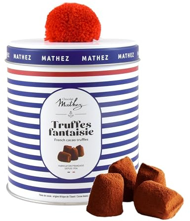 Chocolat Mathez - Truffes au chocolat Pompon – Boite chocolat à offrir élégante avec un véritable pompon rouge - Fabrication française – Boîte métal décorative à réutiliser - Idée cadeau
