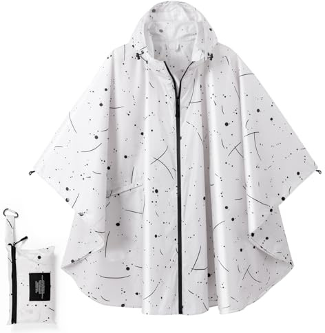 Royalotic Rain Poncho Reusable Adult Waterproof Hood Raincoat Packable Rain Jacket Zipper Rainwear Lightweight Cape with Pocket (line dot)