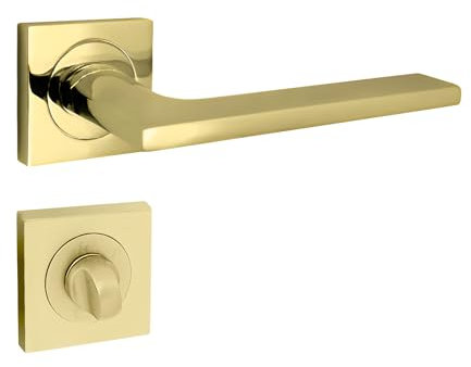 domino LINEA-QR M1 Poignée de porte WC - Ensemble de poignées de porte de salle de bain avec rosaces carrées pour portes de salle de bain WC - Garniture de porte en aluminium et laiton