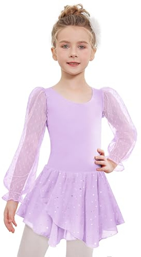 Arshiner Filles Ballet Robes Violet Manches Longues Danse Robe Coton Danse Vêtements Enfants Ballet Costume Justaucorps avec Tutu 4-5 Ans