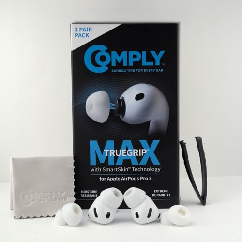Comply TrueGrip MAX | Premium minnesskum ersättningsöronproppar för Apple AirPods Pro (3 generationen) | SmartSkin-teknik | utmärkt bulleriisolering | vit, storlek M, 3 par
