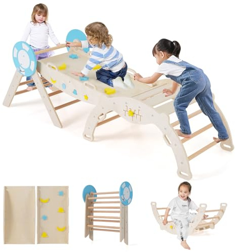 COSTWAY 7 en 1 Triangle d'escalade Enfant Pliable sur Thème Nautique avec Rampe & Échelle, Arche d'escalade Montessori en Bois Hêtre avec 8 Blocs & Labyrinthe, Aire de Jeux Intérieure pour 1 an+