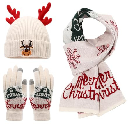 Generisch Berretto sciarpa, cappello di Natale, lavorato a maglia, set per bambini, ragazze, per l'albero di Natale, invernali, berretto lavorato a maglia, con pompon, O bianco., Taglia unica