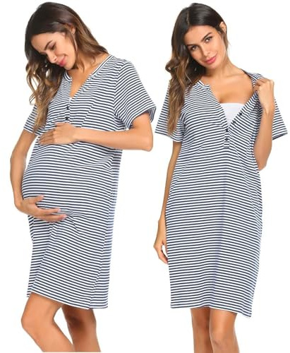 Dasongff Chemise de Nuit Femme Allaitement Maternité à Manches Longues avec Bouton Col Rond Vetement Grossesse Vêtements de Nuit