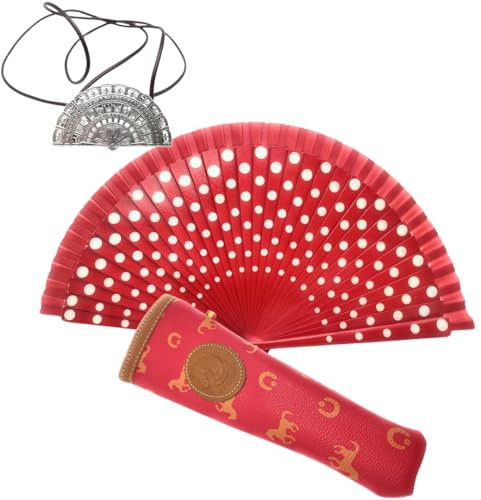 Abanico Plegable de Madera con Lunares Pintados a Mano, con Funda y Cuelga Abanicos. Funda de Lona con Crermallera y Cuelga Abanico Metálico (Rojo LB)