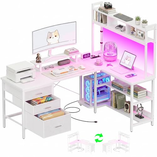 Homieasy Mesa Gaming en L 150cm con LED, Enchufes y Cajones, Blanco | USB & Puerto Type-C, Estantería, Soporte Monitor, Reversible, Ahorro Espacio, Metal, MDF, Casa