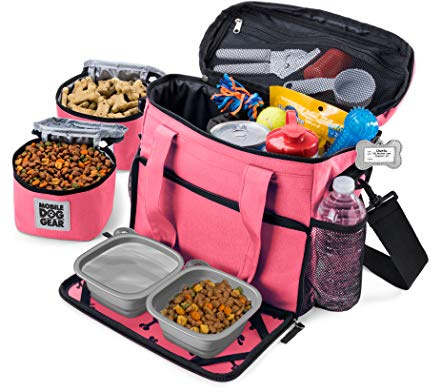 Mobile Dog Gear, Week Away Dog Travel Bag for Small Dogs, Includes Lined Food Carriers and 2 Collapsible Dog Bowl, Pink