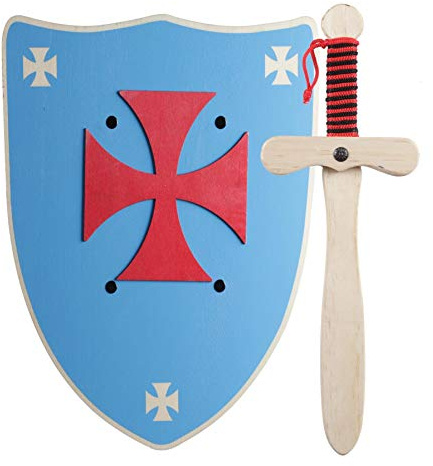Spada e Scudo Cavaliere in Legno Fatti a Mano - Giocattolo per Bambino, Bambina e Bambini - Complemento per Giochi, Giochi Imitazione, Costume, Medievale, Guerriero, Festa Tema, Medioevo (Scudo Blu)