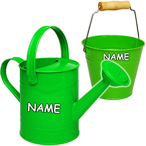 2 TLG. Set: Kleiner - Eimer + Gießkanne - Metall - grün/apfelgrün - inkl. Name - 1,5 Liter - Blech Kindereimer Blecheimer/Metalleimer Sandeimer/Kinderei..