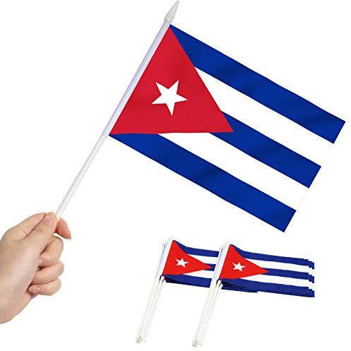 Anley Cuba miniatyrflagga - 5.5 x 8 minikubanska flaggor blekbeständiga och levande färger - 5.5x8 tum handhållen stickflagga med 12 vit solid pol & spjutstopp (1 dos)