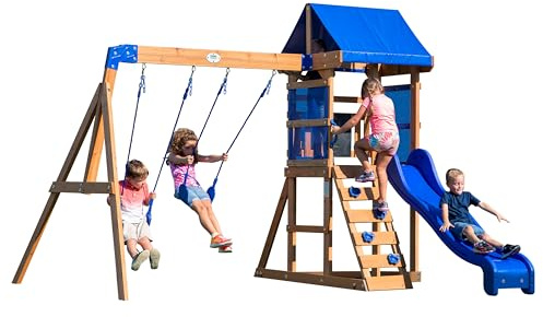 Backyard Discovery Aurora, Aire de Jeux en Bois | Portique Balançoire avec Mur d'escalade, Toboggan et Balançoire, Bac à Sable | Cabane Exterieur pour Enfant, Jeux Exterieur, +3 Ans