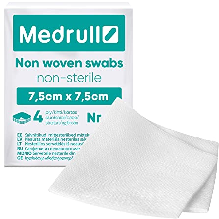 Medrull Vlies Kompressen 7.5 x 7.5 cm Unsteril 100 Stück Vlieskompressen - 4-lagig Saugkompressen, Verbandsmaterial, Wundkompressen