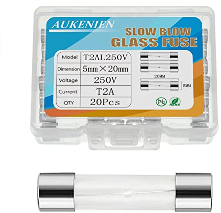AUKENIEN 2A 2 Amperio 250V Fusibles de Vidrio de Soplado Lento 5x20MM T2A Fusible Cristal Tubos Retardo de Tiempo Kit