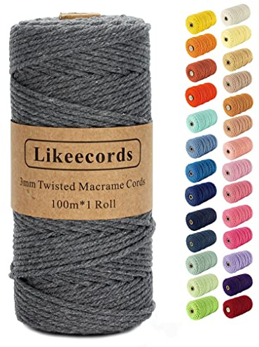Likeecords makramésnöre 3 mm x 110 yards (101 m), färgat makramésnöre, bomullssnöre, makramégarn, färgglatt bomullspysselsnöre för upphängning, växthängare, pyssel, stickning (mörkgrå)