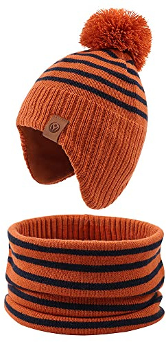 XIAOHAWANG Strisce Inverno Beanie Cappello Lavorato a Maglia Ragazzi Ragazze Toddler Bambini Caldo Bambino Classici Beanie Cappelli (Caramello (Cappello + Sciarpa), M)