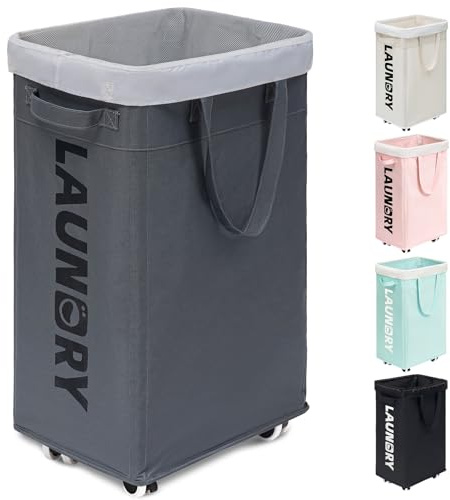 Goodpick Laundry Basket with Wheels, Laundry Hamper with Removable Wash Bag, Clothes Hamper, Rolling Laundry Basket, Dorm Room Essentials, 75L, Grey