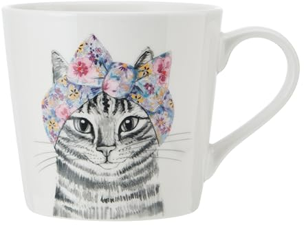 Mikasa Tipperleyhill Taza de Porcelana con Estampado de Gato, 380ml Taza de Porcelana Fina con Detalles de Oro Real, Taza para Té y Café con Estampado de Animales, En Caja de Regalo