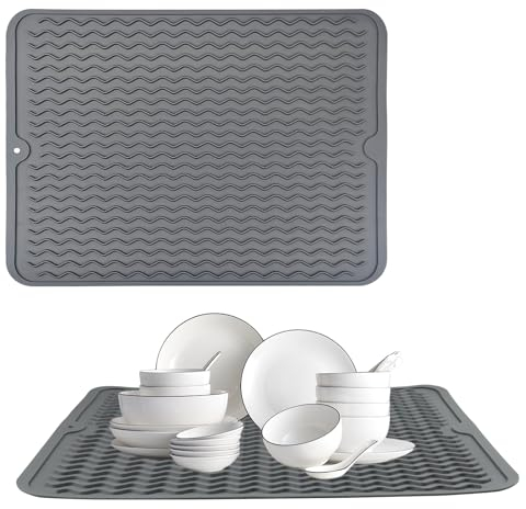 KiKiHong 2 Stück Abtropfmatte Geschirr 40 x 30 cm Abtropfmatte Spüle Geschirr Trockenmatte Hitzebeständiges Rutschfestes Spülbeckenmatte with Brush Grau