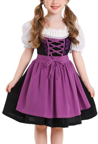 FYMNSI Kids Girls Oktoberfest Dress Traditional Bavarian Oktoberfest Costume Toddler Ruffle Dirndl Dress With Maid Apron 2PCS German Beer Festival Outfits Halloween Dress Up Clothes Purple 4-6T