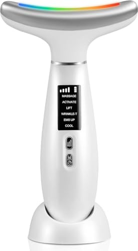 Facial and Neck Massager, 4 Colours LED Light Therapy for Face Lifting and Massage Tool, Electric Face Massage Tool for Skin Tightening (Pearl White)