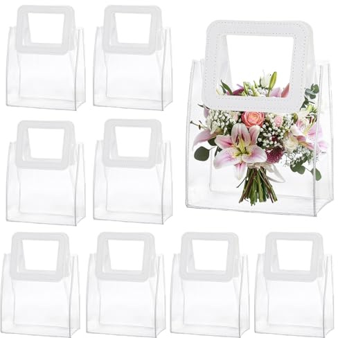 Mritrit 10 st små genomskinliga PVC-presentpåsar, transparenta väskor med vita handtag, återanvändbara små genomskinliga presentpåsar för bröllpsgäster, festfavorit, julklappar, baby shower (15x13x7