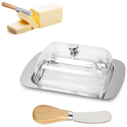 Beurrier - Boite à Beurre - Beurrier en Acier Inoxydable avec Couvercle en Plastique et Spatule à Beurre - Beurrier Plastique pour Conserver le Fromage, Gâteaux, Desserts, Charcuteries, Petits Fruits