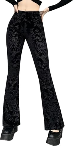 XKBHYD Ladies Gothic Velvet Pants Punk Grunge Wide Leg Trousers Women Harajuku Mid Waist Pants Floral Embroidery Trousers