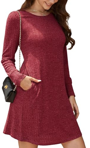 Enmain Robe Pull Femme Chic et Elegant Printemps Automne Casual Femme Col Rond Robe Rouge Tricoté à Manches Longues Tunique Haut avec Poches M