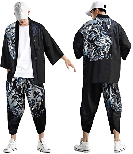 Kimono d'été 2 pièces pour homme - Tenue à manches courtes - Tenue de loisirs - Short - Peignoir japonais - Cardigan imprimé traditionnel - Veste classique