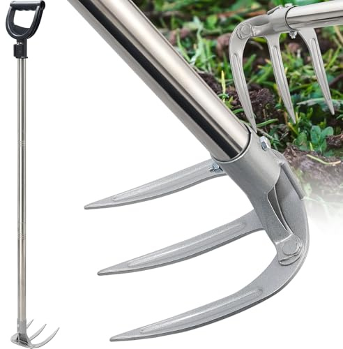 Hand Rake Long Handle - 74 Cultivator Weeding Rakes for Lifts Out Deep-Rooted Grass, 3-Tine Claw Rakes Heavy Duty Carbon Steel with D Grip for Digging Potato,Carrots,Loosens Soil