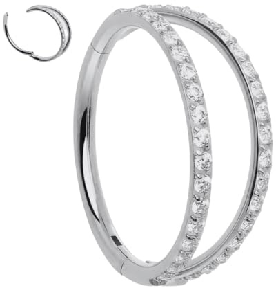 Jewel Barrel Anillo de nariz de doble aro de cristal – Clicker de segmento con bisagras para tabique, fosa nasal, cartílago, hélice y caracola, 18G, 16G, 14G, 6 mm, 8 mm y 10 mm, oro y plata, 16G