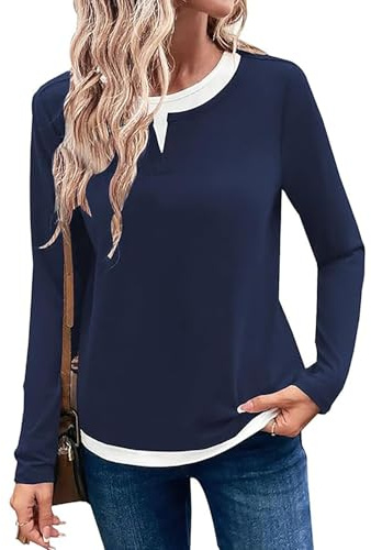 Tee Shirt Manche Longue Femme Haut à Manches Longues Col Rond Pull Long Femme Tunique Femme Hiver Blouse (Cacher Le Bleu, M)