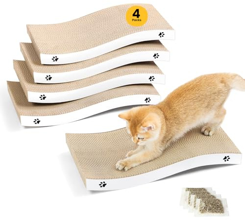 Cat Scratching Board, Durable Scratch Pad, Corrugated Cardboard Cat Scratcher for Indoor Cats, Heavy Duty, Double-Sided Usability, Recyclable with Catnip, Medium, 4 Pack
