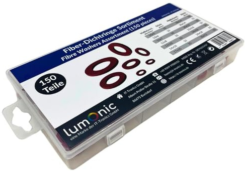 Lumonic Gamma di anelli di tenuta in fibra | 150 pezzi, 14 dimensioni comuni (10-24mm) | Set di guarnizioni piatte sanitarie | in una pratica scatola di assortimento