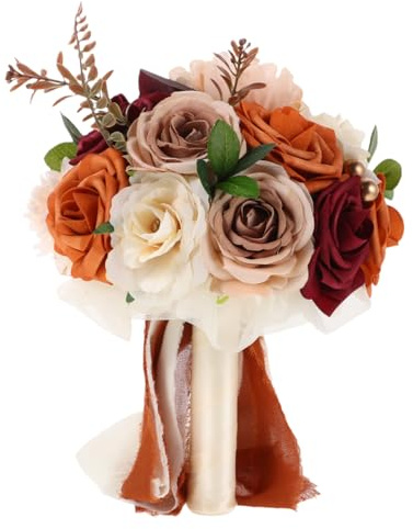 SUPVOX Burnt Orange Artificial Wedding Bouquet for Bride - Realistic Silk Rose Bridal Hand Flower - Rust Orange Bouquet for Autumn Wedding Ceremony, Anniversary and Party Decoration