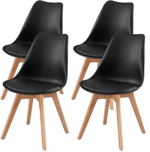 VASAGLE Chaises de Salle à Manger, Lot de 4, Pieds en Bois de Hêtre | Chaises de Cuisine, Coussin en Cuir PU, 46,5 x 57 x 79 cm, pour Salon, Bureau, Noir, Collection LENNA KDC888BH01