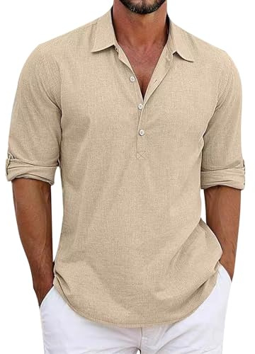 Långärmade tröjor för män – Henley-skjorta långärmad t-shirt med knappslå långärmad skjorta långärmad t-shirt ribbad Henley-tröja enfärgad långärmad tröja lätt polotröja bekväm fritidströja, kaki, 3XL