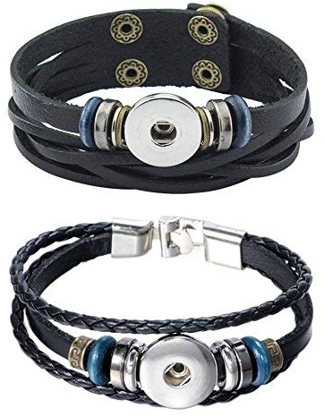 Soleebee Click Button Chunks Druckknöpfe Retro PU Lederarmband Metallverschluss Wickelarmband 2 Stück (Schwarz)