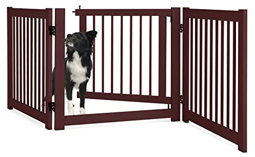 COSTWAY Cancelletto per Cani da Interno in Legno Massello, Design Girevole e Portatile, con 3 Ante, Cuscinetti Antiscivolo e Serratura, Ideale per Cani di Piccola/Media Taglia, 206 x 61 cm (Marrone)