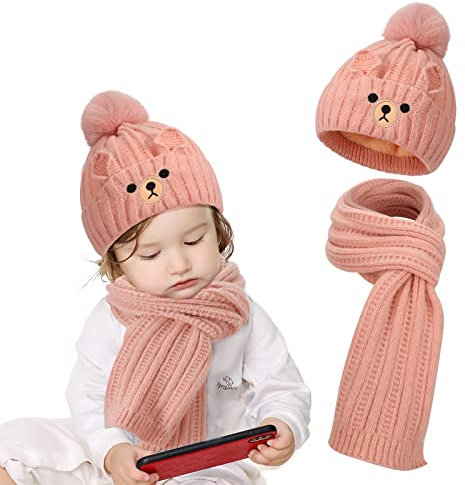 TAGVO Wintermütze Beanie Hut Schal Set für Kinder, Kinder Jungen Mädchen Mütze Schal Set Wintermütze Beanie Hut Schal Set für Kinder, Winter Set Mütze und Strick Schal für Mädchen, 3-10 Jahre