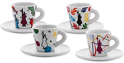 Bialetti 4-teiliges Espressotassen-Set mit Untertassen aus weißem Porzellan, konisch geformt, 60 ml Kapazität, Kunstdekorationen von Mirò, Kandisky, Haring, Matisse