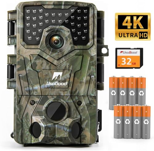 usogood Camera de Chasse,4K HD Camera Chasse Infrarouge Vision Nocturne Animaux Piege Caméra Photographique avec 8 Batterie et Carte mémoire Suiveuse Exterieur Étanche No Glow Invisible