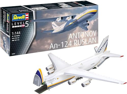 Revell Modellbausatz Antonov AN-124 - Detailliertes Cockpit und Laderaumpanele - 5 Bauoptionen - Authentisches Abziehbild - Gleichzeitiges Be- und Entladen durch klappbare Nase und Heckladetüren