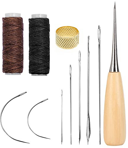 11 Stück Leder Nähen Set, Ledernähnadeln mit Leder Wachsfaden Cord, Nähahle, Fingerhut Nähen, Lederhandwerkzeug Nähnadeln Set für Leder Teppich Matratze Reparieren