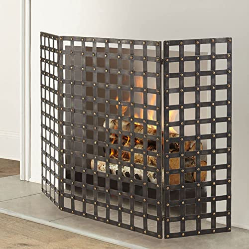Fireplace Screen Guard,Pare-feu en Maille d'acier Fireplce 122 cm x 85 cm, Grille Pare-étincelles Pliante pour décoration de Salon, Trois Panneaux, Finition usée Rustique