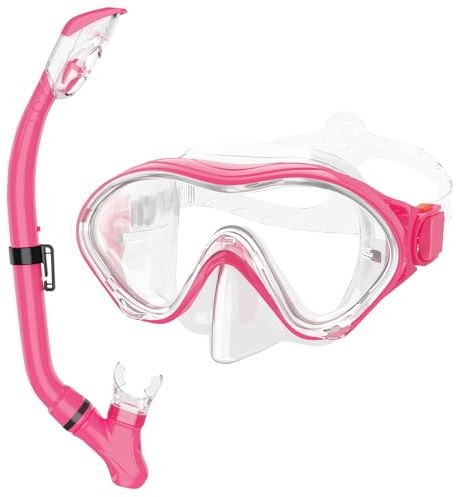Snorkeling Gear for Kids with Foldable Silicone Full Dry Snorkel, Kids Snorkel Set Anti Leak Youth Junior Snorkeling Package Diving Mask Soft Tube with Mesh Bag Swimming Goggles, Pink