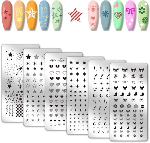 PH PandaHall 6 piezas de patrón de estrellas y lunas, placa de estampación de uñas, placa de arte de impresión de corazón, placa de uñas de acero inoxidable, patrón de mariposa, plantillas de arte